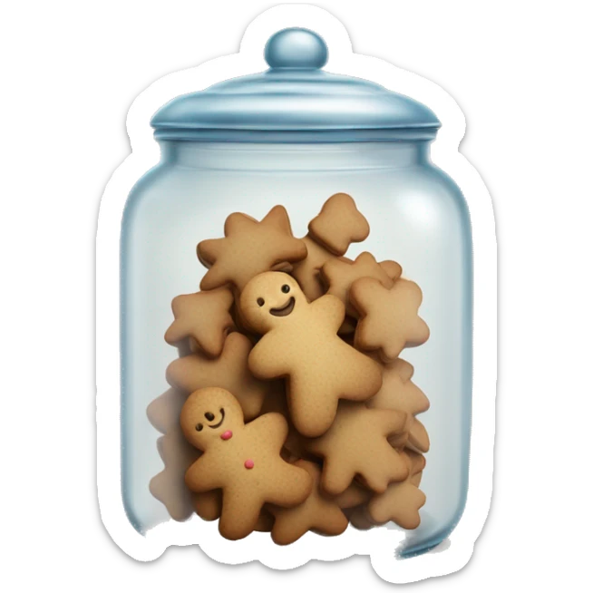 Realistic glass cookie jar with lid full of gingerbread with icing cookies isolated.  sticker