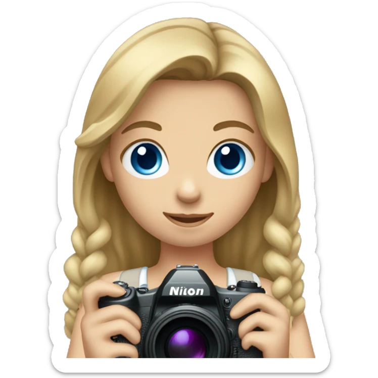 Girl with dark blonde Haie and BLUE eyes Holding a Nikon Camera in her hands sticker