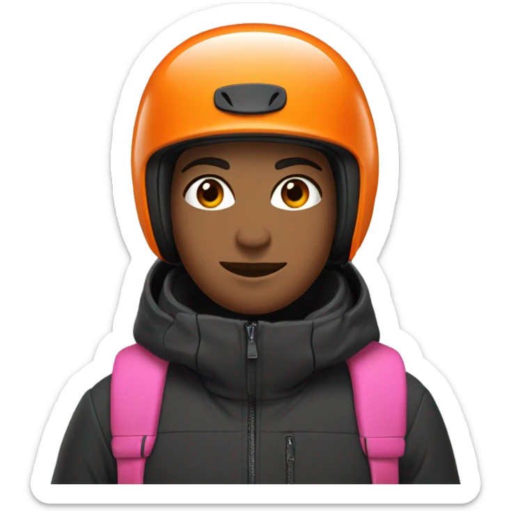 A brunette skier with brown snow pants, a black helmet, and a jacket with an orange body and pink sleeves sticker
