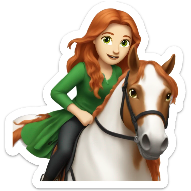 long-haired redhead woman with green eyes, on a horse back riding sticker