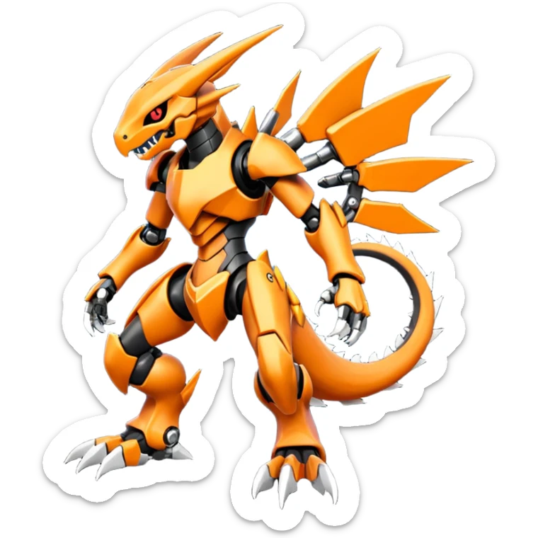 Cool Futuristic Black Orange Cyber-Digimon-Fakemon-Duskull-Salandit-Guilmon-Wargreymon-Mecha-fusion (full body) sticker