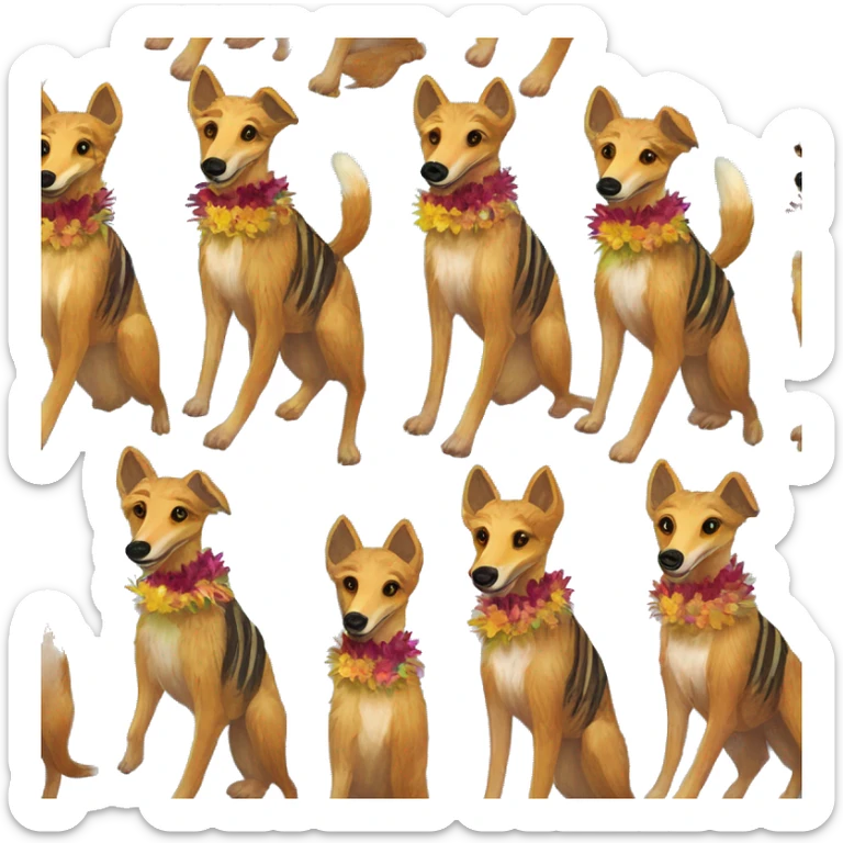  brindle brown black maroon striped lurcher Alsatian fox running blue eyes and iridescent holographic oilslick harness wearing paper iridescent tropical flower crown yellow caution tape sticker