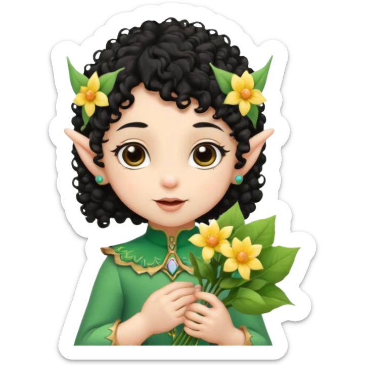 baby elf black curly hair with pointy ears, hold flowers sticker