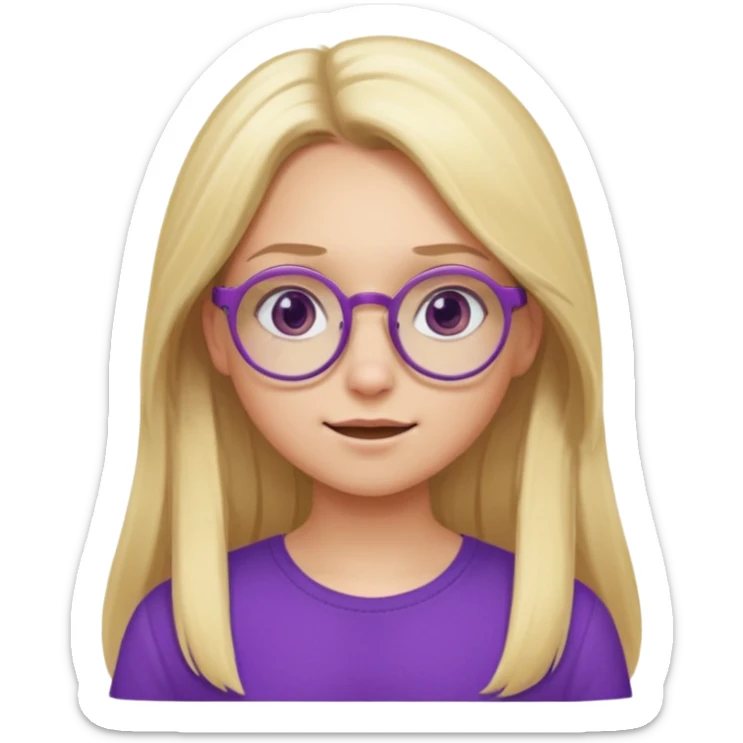 una chica rubia con el pelo largo, gafas redondas, vestida con un top morado, y con diferentes expresiones sticker