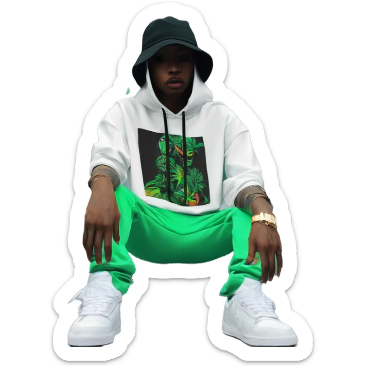 Multicoloured neon black and green graffiti person smoking wearing hoodie dancing hip hop bucket hat tropical Skater fashion aesthetic baggy clothes graphic t shirt 420 sticker