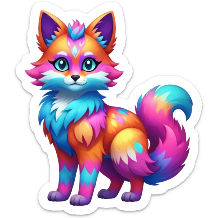 Vibrant multicolored neon-colored Falvie-Fionbri-creature-sparkle-feline-canine-hybrid-fursona, full body, fur pattern-markings sticker