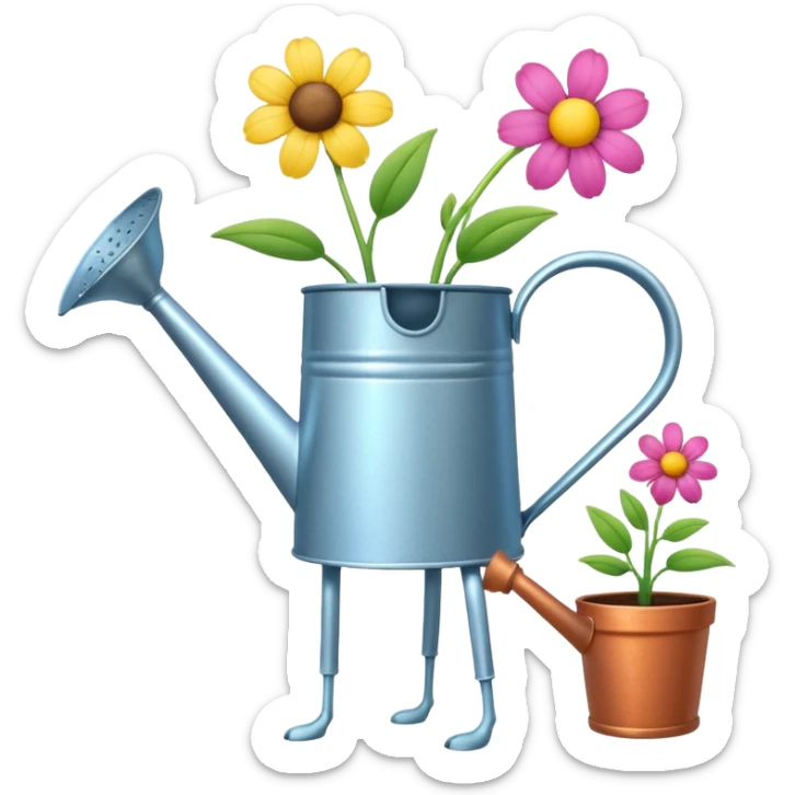 give me a watering can with legs. anthropomorphise the can. have the can watering 3 plants on the grown (flowers) sticker