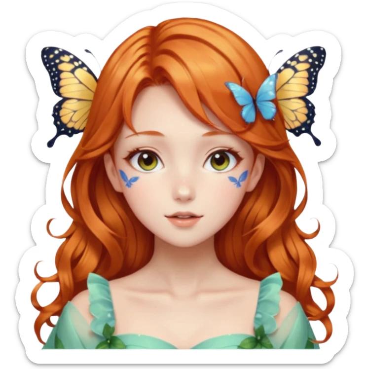 gorgeous shiny blushing anime lady with butterflies and beautiful ginger hair fairycore high quality detailed vogue trending aesthetic sticker