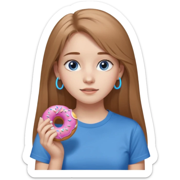 una ragazza dall‘ età di 19 anni con capelli castani chiaro lunghi e lisci ,  occhi celesti,  con addosso una maglietta con una ciambella e le cuffie airpods (bianche) ascoltando violetta sticker