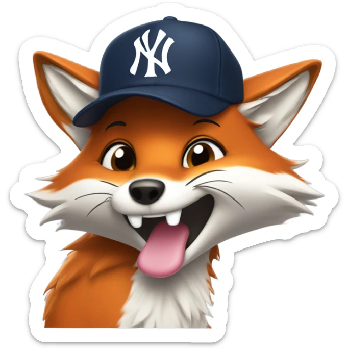 A furry fox wearing a Yankees cap, winking and sticking out its tongue sticker