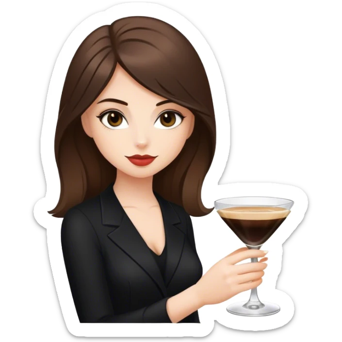 brunette hair down girl black clothes holding one espresso martini sticker