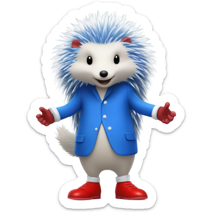Tall blue hedgehog that stand on 2 let's and have got white gloves and big red shoes with a white line on them and he runs very fast sticker