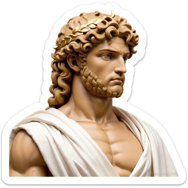 Cinematic Realistic Hercules Portrait, depicted as a classical Greek hero merging the fierce masculinity of Hercules with the refined face of Michelangelo's David. His light tan, chiseled skin glows with timeless strength, and his thick, curly, golden brown hair cascades in natural, sculpted curls reminiscent of a warrior’s mane. Draped in a flowing white robe with delicate golden accents and crowned with a traditional Greek laurel wreath, his intense, determined eyes exude noble might, all rendered under dynamic natural lighting with a mythic, radiant glow. sticker