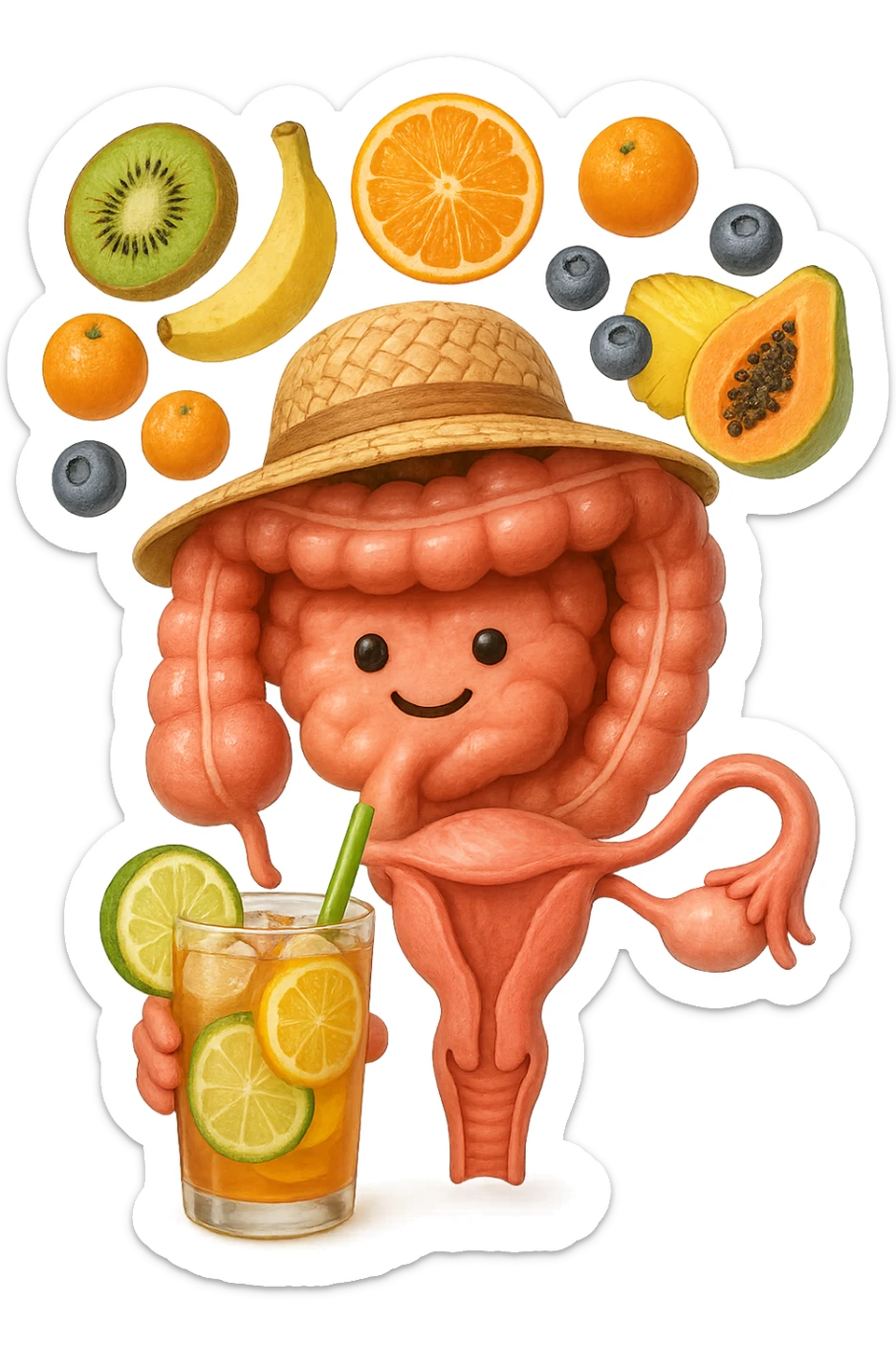 EMOJI STILE IPHONE DI INTESTINO E UTERO UMANI REALISTICI CON CAPPELLO DI PAGLIA DA SPIAGGIA CHE BEVE UN Tè FREDDO IN BICCHIERE DI VETRO CON DENTRO  fette di cetriolo, limone, lime, DIETRO L'INTESTINO FLUTTUANO PEZZETTI DI Kiwi
Banana acerba
Arance e mandarini
Mirtilli
Ananas
Papaya
IPERREALISTICO 4K sticker