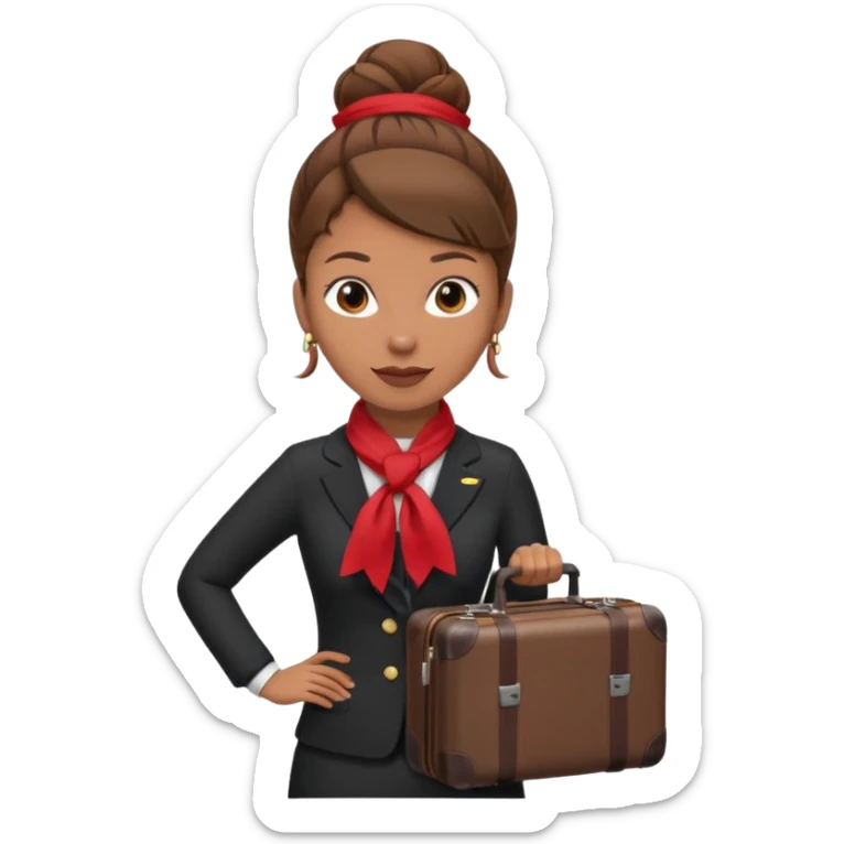 flight attendant, Light Brown skin, brown hair in single bun, neck scarf, suitcase sticker