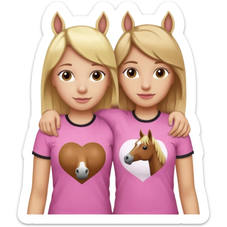 Two Girls with their arms around each other at summer camp one blonde one brown hair brown hair wearing pink horse shirt sticker