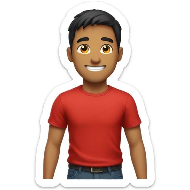 A young man with short dark hair is smiling . He is wearing a bright red t-shirt. sticker
