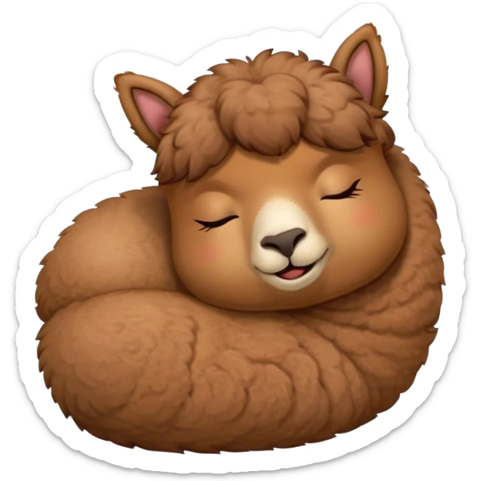 Meme-Worthy Cute Sleeping Brown Alpaca Portrait Emoji, Head resting peacefully with a contented smile, showcasing a delightfully sturdy build and a luxuriously soft brown fleece, eyes shut in a serene nap, Simplified yet hilariously adorable features, highly detailed, glowing with a soft, drowsy light, high shine, relaxed and utterly lovable, stylized with an air of playful laziness, bright and heartwarming, soft glowing outline, capturing the essence of a comically sleepy alpaca, so meme-worthy it feels like it could instantly become the next viral sensation of adorable slumber! sticker