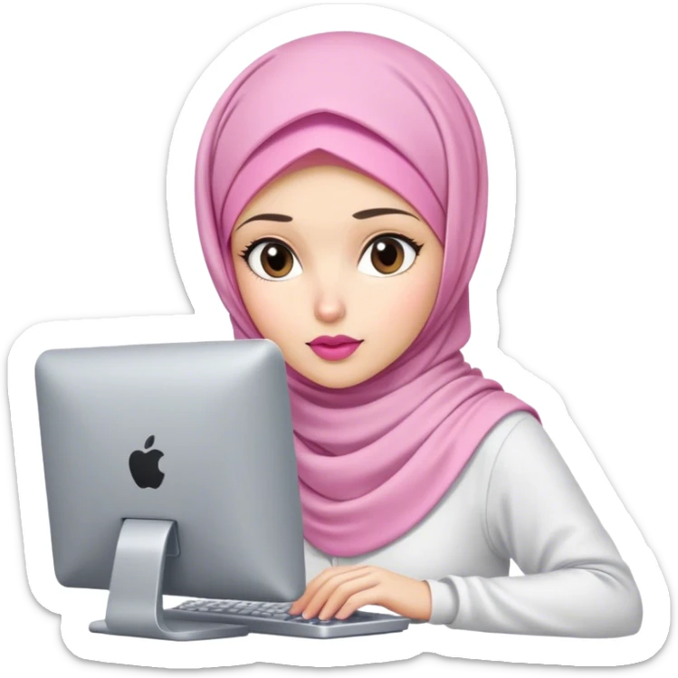 white skin hijab scarf woman working in computer. Her outfit is white, her lips is pink, her expression is focused on computer sticker