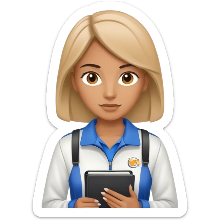  female sport coach with coach wear and holding a notebook sticker