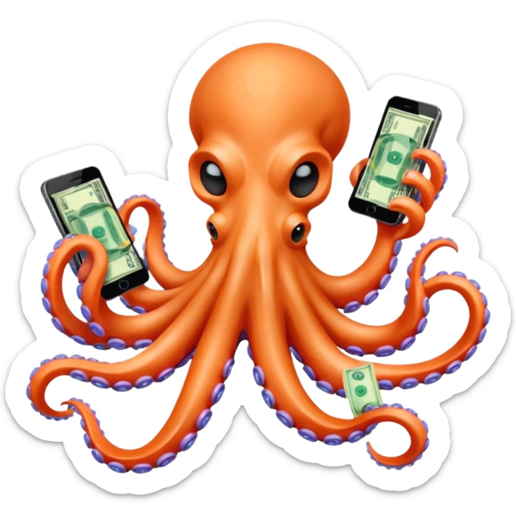 Intimidating octopus with pearl black skin, neon peach suction cups. Evil looking octopus is wearing a white face mask and thick gold necklace. 2 tentacles are holding their own cellphone, 2 more tentacles are holding stacks of money. sticker