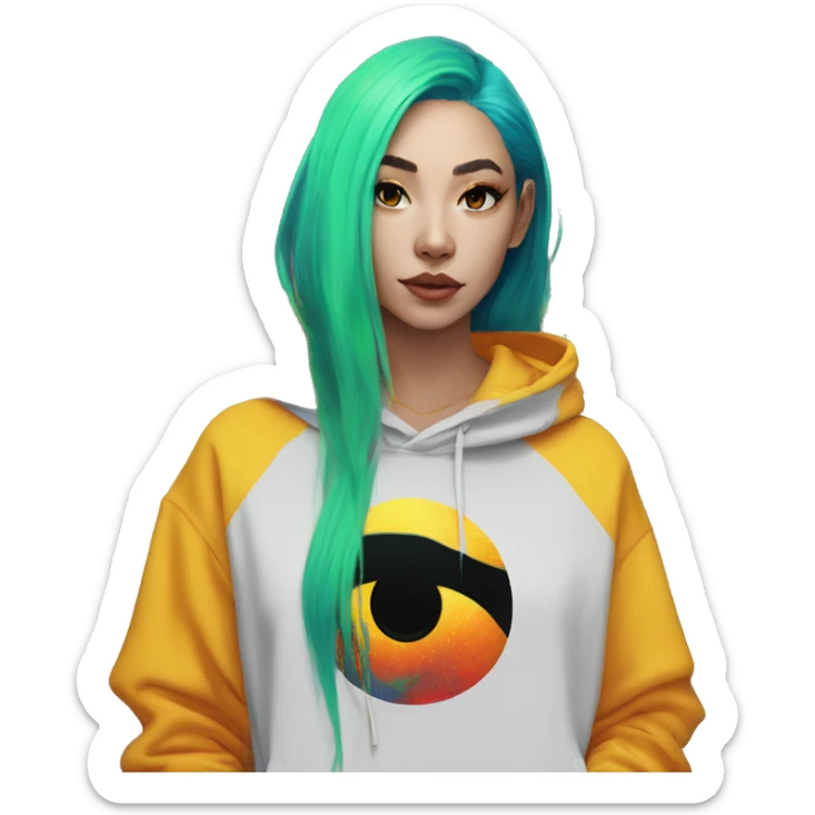Lady with brunette and iridescent blue hair, gold, lime green dragon wings, black hoodie, bleach dyed, black and gold Nike t shirt, and bright red eyes sticker