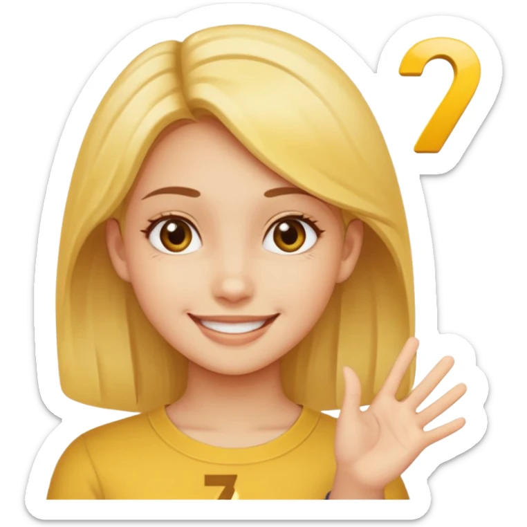 yellow smiling face girl with one hand flat under chin. With the number 6 on the left hand and the number 7 on the right hand sticker