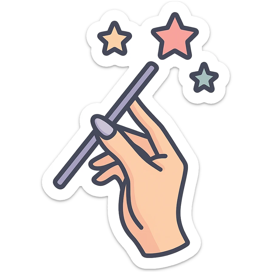Elegant female hand with almond-shaped nails holding a magic wand upwards, stars flying out of the wand, Chinese Eastern style, thin clean contours, soft rounded shapes, pastel palette #98B5BC, #B5B3C1, #C9A3C9, #E4C0CA, #F7DCD1, #F7C0AA, detailed shadows and highlights, soft lighting, transparent background, no decorative elements. sticker