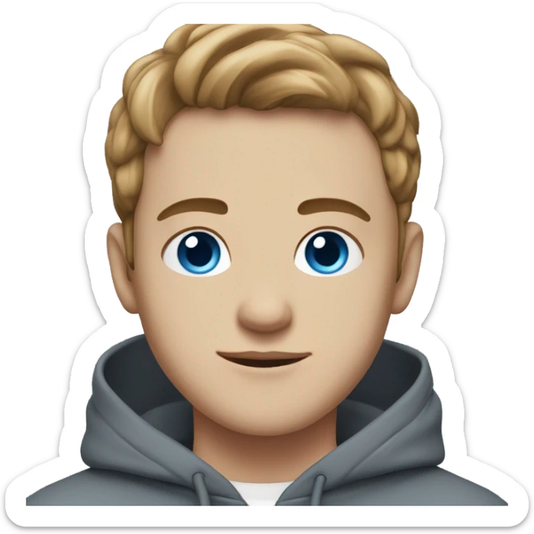 young man with light brown middle part, blue eyes, white skin and a grey hoodie sticker