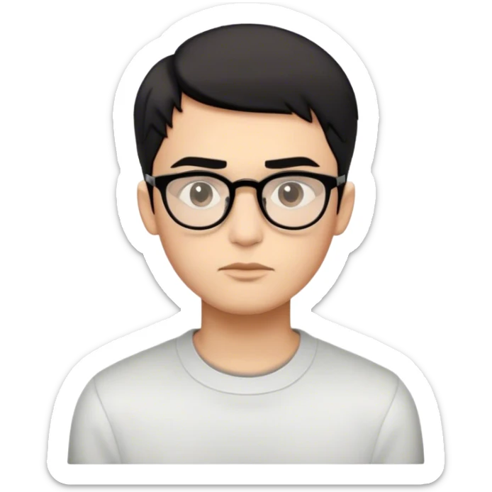 Emoji of a boy with oval face, warm-medium skin tone, sharp jawline, full lips, straight nose, dark expressive eyes, thin arched eyebrows, short black hair styled neatly in the front, clear glasses, and a neutral expression with a slight pout. sticker