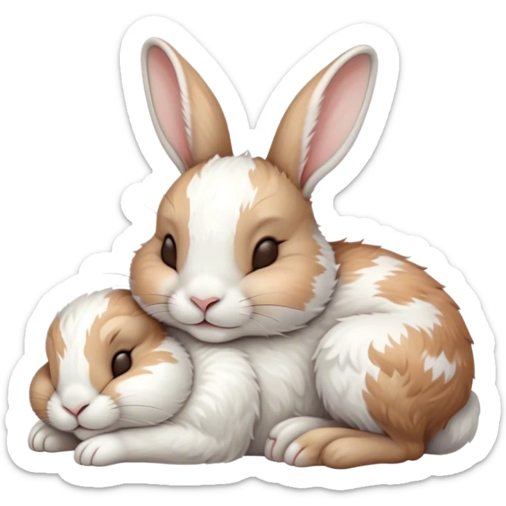 Meme-Worthy Cute Sleeping White and Brown Rabbit Portrait Emoji, Head resting peacefully with a contented smile, showcasing a delightfully balanced build and a luxuriously soft patterned fur of white and brown, eyes shut in a serene nap, Simplified yet hilariously adorable features, highly detailed, glowing with a soft, drowsy light, high shine, relaxed and utterly lovable, stylized with an air of playful laziness, bright and heartwarming, soft glowing outline, capturing the essence of a comically sleepy bunny, so meme-worthy it feels like it could instantly become the next viral sensation of adorable slumber! sticker