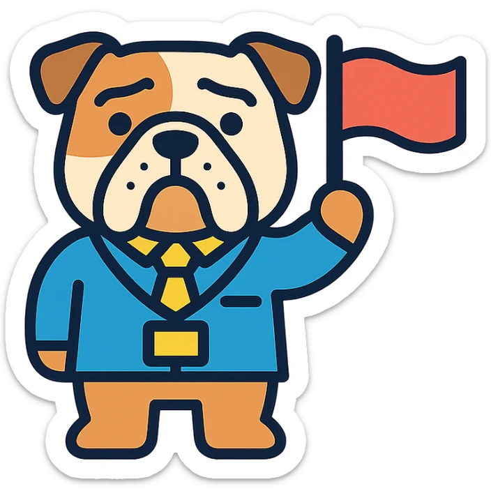 english bulldog tour guide as a web button icon waving a flag, color outline style sticker