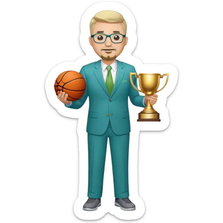 Full Body white male plus size wearing glasses with a goatee with light blonde and gray very short hair happy basketball head Coach in blue and green suit holding trophy sticker