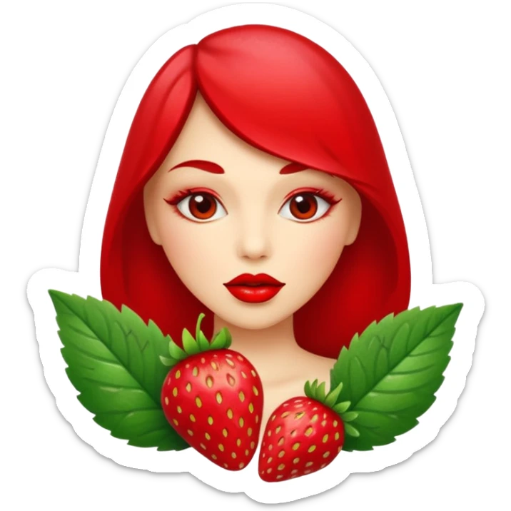 one strawberry 🍓 and red kiss 💋 fashioned stylish little emoji for “slay” reaction. subject. less details. lips with pattern of strawberry with leaf on top  sticker