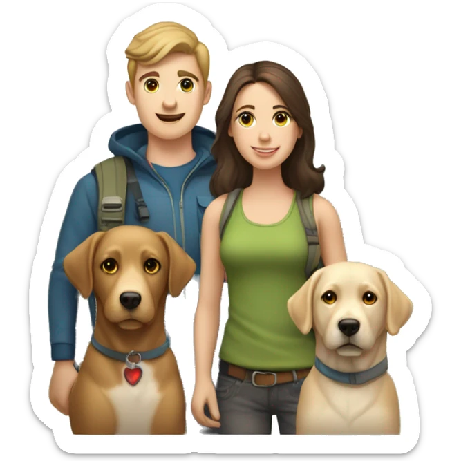 A young brunette couple, one male and one female, both with fair skin and light-colored eyes. They are accompanied by a friendly Labrador retriever. The trio is depicted in a camping sticker