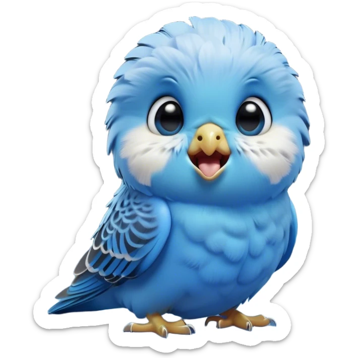 Cinematic Cute Yawning Blue Budgie Portrait Emoji, Head tilted slightly with a dramatic, wide-open yawn, showcasing a soft, downy blue feathered fur with gently drooping wings, round dark eyes barely open in drowsy contentment, Simplified yet irresistibly adorable features, highly detailed, glowing with a soft, cozy glow, high shine, relaxed yet expressive, stylized with a touch of whimsy, bright and endearing, soft glowing outline, capturing the essence of a sleepy yet affectionate budgie, so drowsy it feels like it could stretch out of the screen and curl up for a nap! sticker