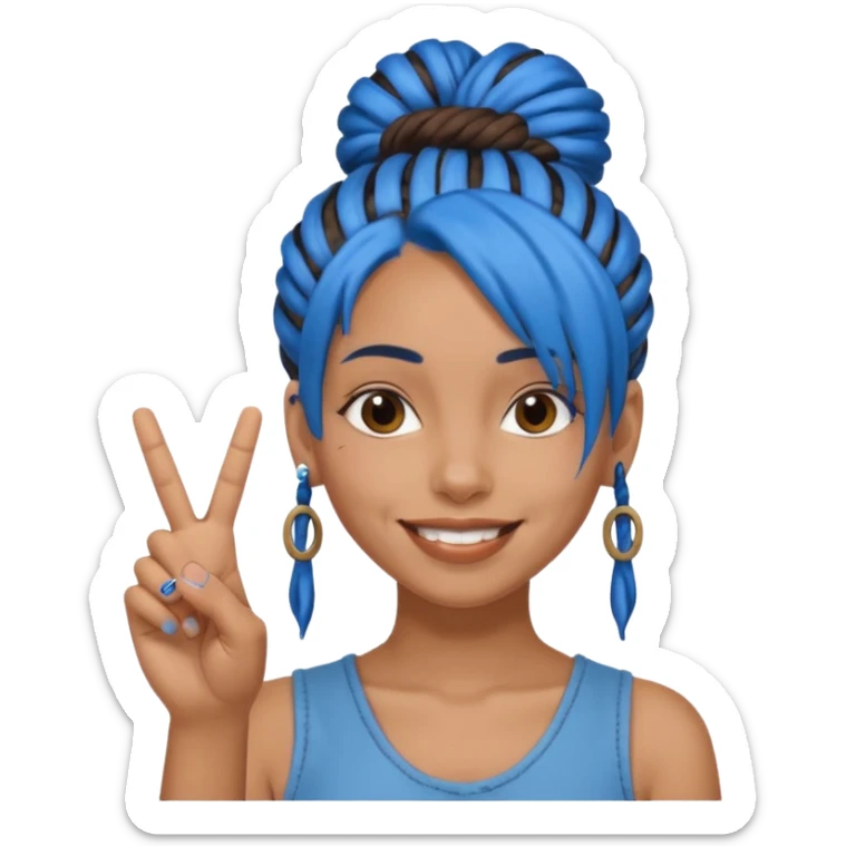 brown girl with blue dreads in a bun, giving peace sign with middle finger sticker