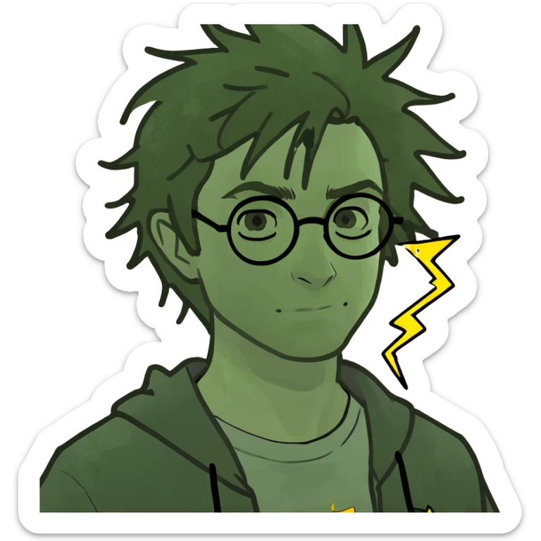 Harry Potter character memoji, round face, glasses, lightning scar, messy hair, friendly expression, digital cartoon style sticker