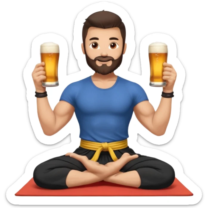 slavic muscled guy with dark brown hair and beard, sitting in yoga pose on a mat, kung fu clothes, long and volume dark hair, holding beer mugs in two hands, sitting sticker