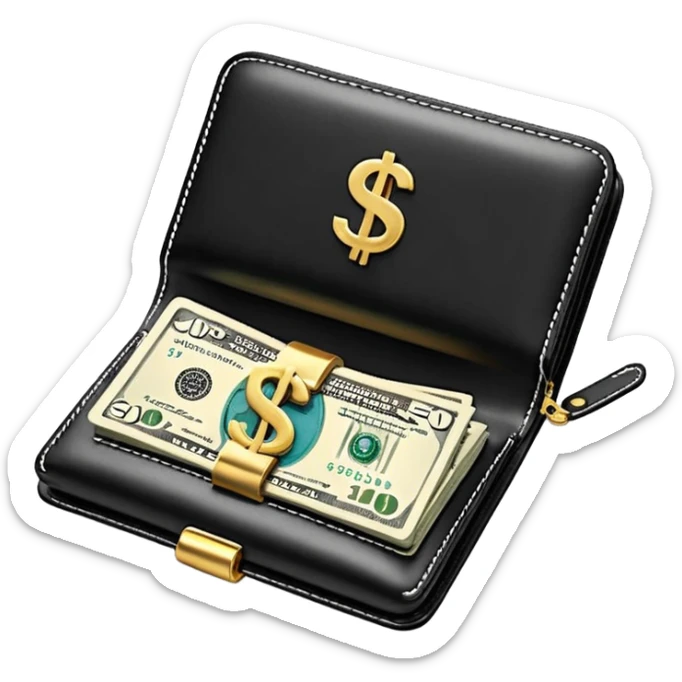 Rich emoji style black leather wallet with dollar bills, luxury money vibe, premium 3D emoji, ultra clean, high detail, no background
 sticker