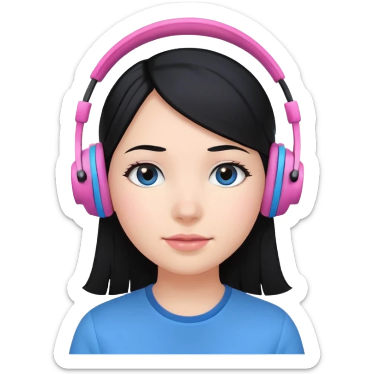 girl with black  hair, blue shirt and pink headset sticker