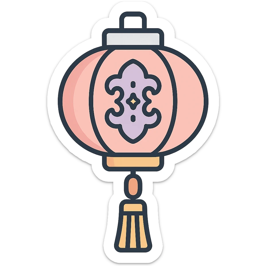 beautiful Chinese lantern with carved decor and tassel, icon-color-outlined style, thin clean contours, soft rounded shapes, pastel palette #98B5BC, #B5B3C1, #C9A3C9, #E4C0CA, #F7DCD1, #F7C0AA, detailed shadows and highlights, soft lighting, transparent background, eastern style sticker