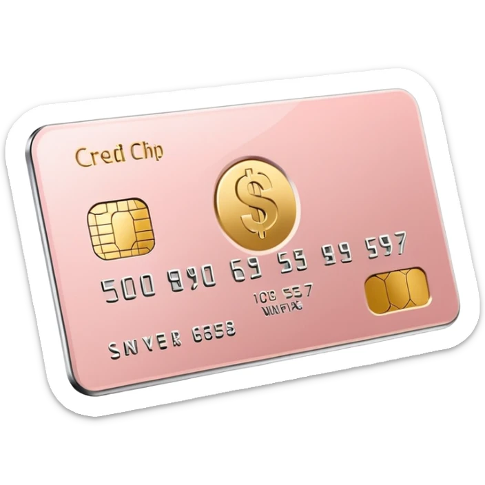 Blush pink credit card with gold chip and silver embossed numbers, minimal design, no logos, soft 3D style. sticker