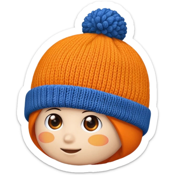 a blue beanie with an orange rim, and an orange puff dot at the top sticker