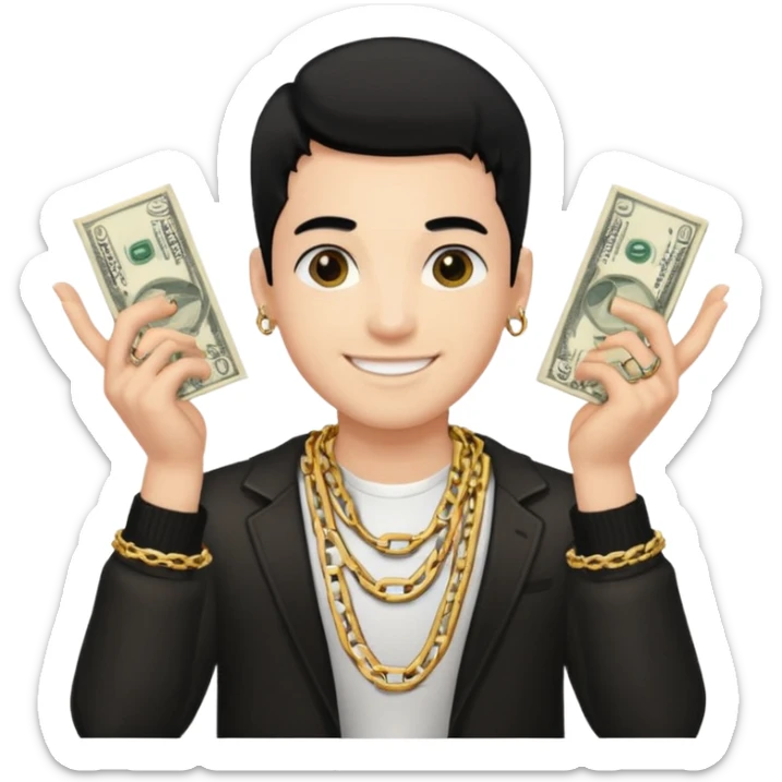 Has un chico con mucha plata en sus manos y en su alrededor, Con una cadena que diga "JovenBallin" y que tenga pelo negro y sea piel blanca sticker