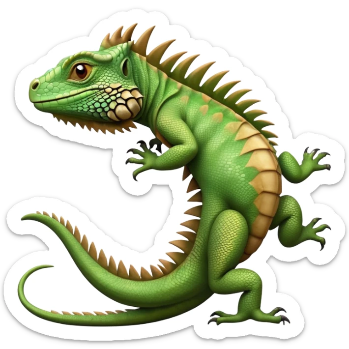 cinematic-iguana-realistic-full-body-basking-emoji,-long-scaly-body-stretched-out,-spiny-ridge-running-down-its-back,-textured-green-and-brown-skin-dappled-with-light,-sharp-intelligent-eyes-studying-the-surroundings sticker