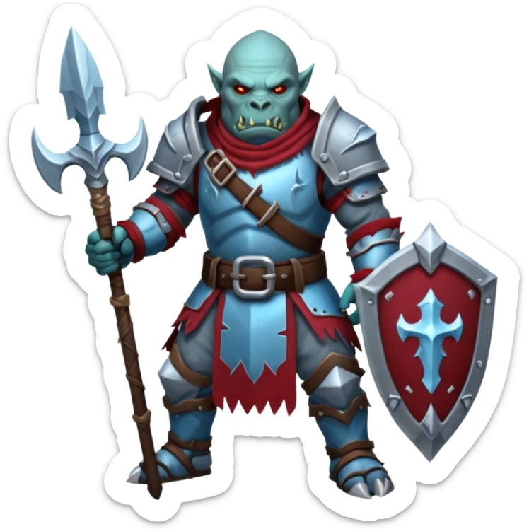 
Fantasy Christmas orc legion soldier icon, iron tundra army theme, heavy winter armor, disciplined brutal look, icy blue steel armor with deep crimson accents, frozen metal texture, cold winter atmosphere, clean readable emoji style
 sticker