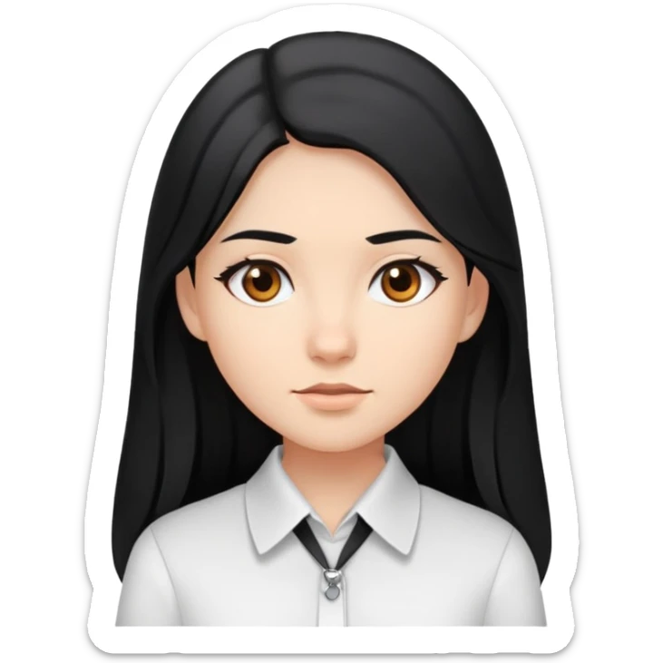 Young woman, long black hair, brown eyes, white collared shirt sticker