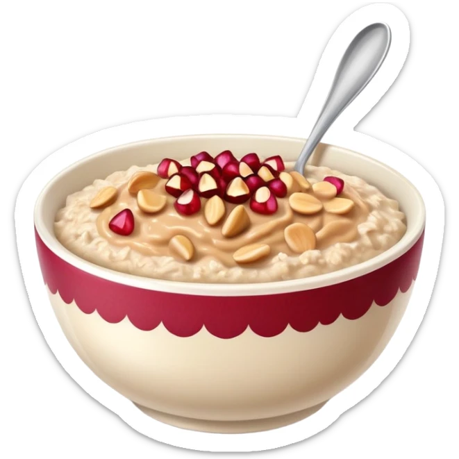 bowl of oatmeal with peanut butter, coconut flakes and pomegranate seeds sticker