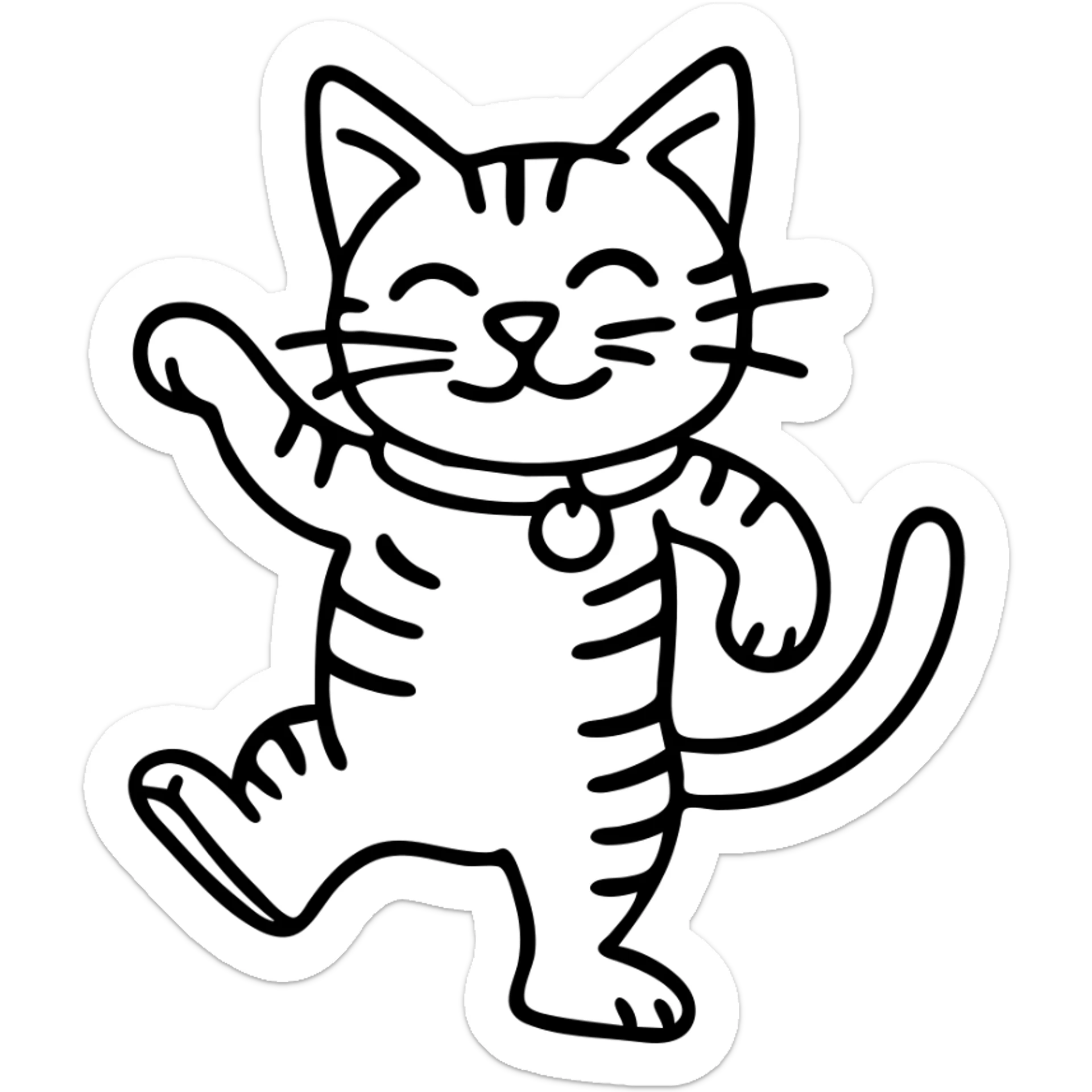Transform the cat in the photo into a black outline icon style, dancing and smiling, keeping the cat's characteristics, with no fill. sticker